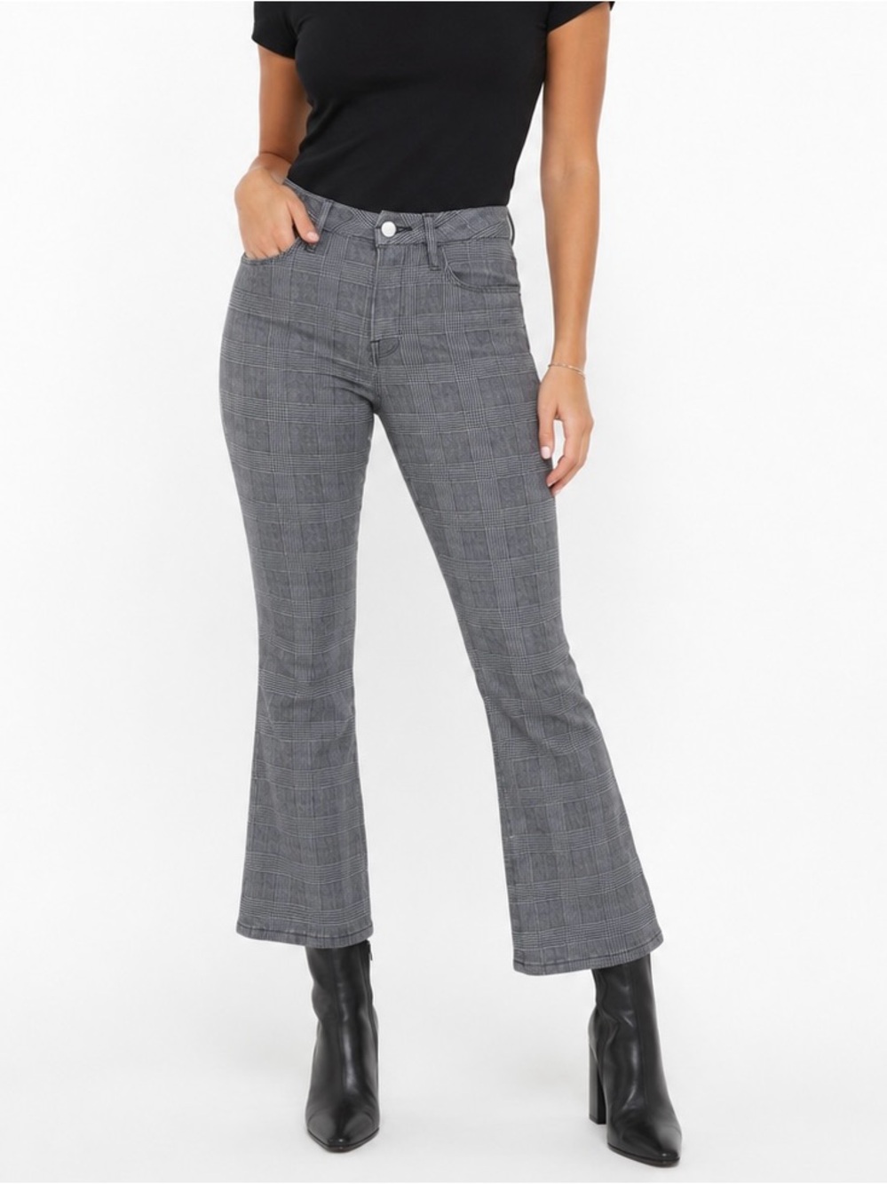 Frame Denim Gray Plaid High-Rise Flare Jeans